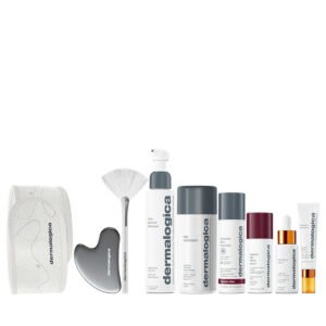 The Expertise Kit Set Dermalogica: Daily Microfoliant, Exfoliating, Exfoliating Powder, 74 g + Biolumin-C, Illuminating, Eye Serum, 15 ml + Biolumin-C, Vitamin C, Brightening, Serum, For Face, 30 ml + Dynamic Skin, Retinol, Anti-Wrinkle, Serum, For Face, 30 ml + Daily Glycolic, Cleansing, Cleansing Gel, For Face, 150 ml + Dynamic Skin, Retinol, Anti-Wrinkle, Serum, For Face, SPF 50, 50 ml + Gua Sha , Lifting, Face Massage Stone + Masque Fan, Multi Face Brush + Dermalogica, Hair Band, White